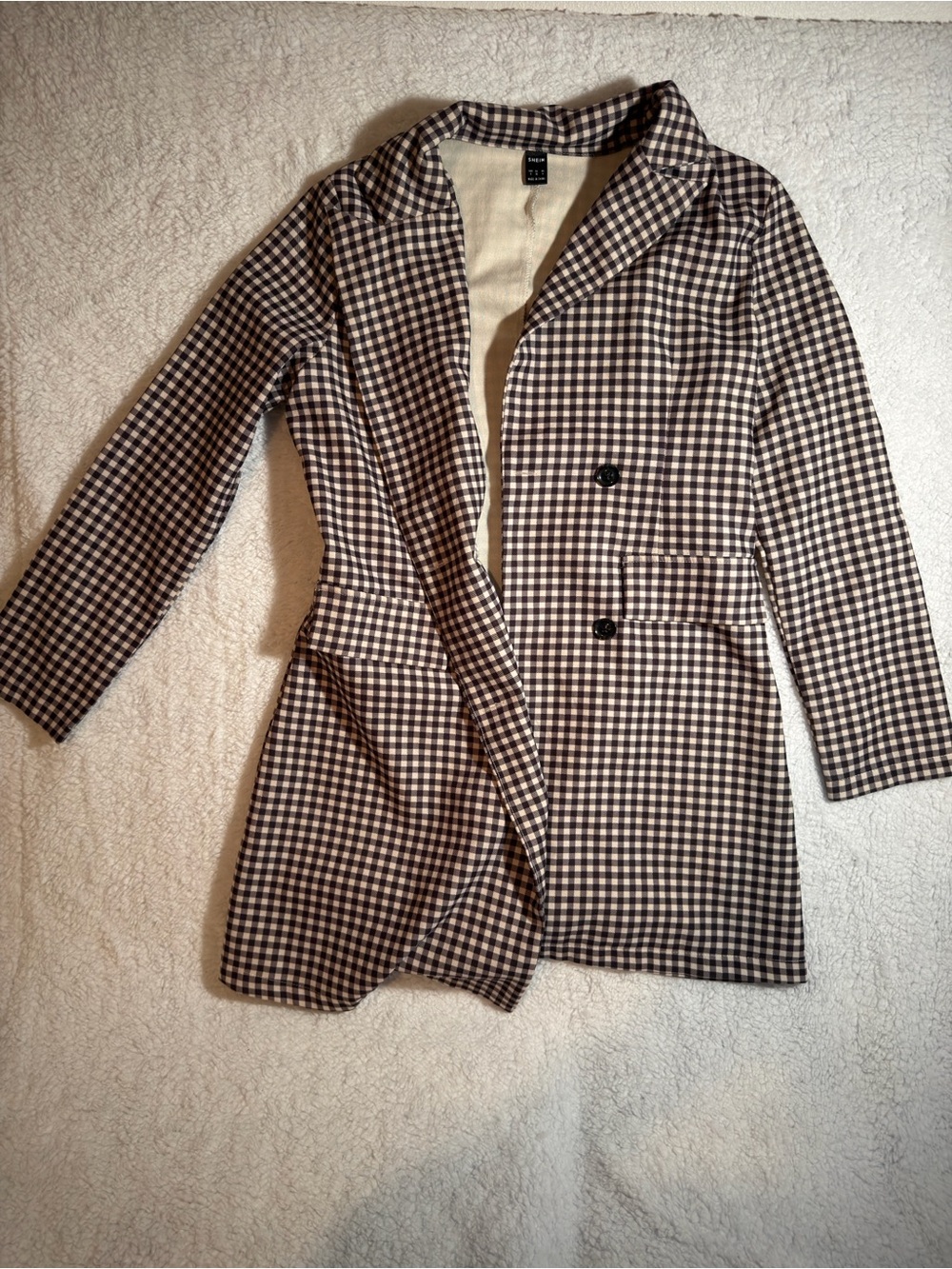SHEIN Black and White Gingham Longline Blazer